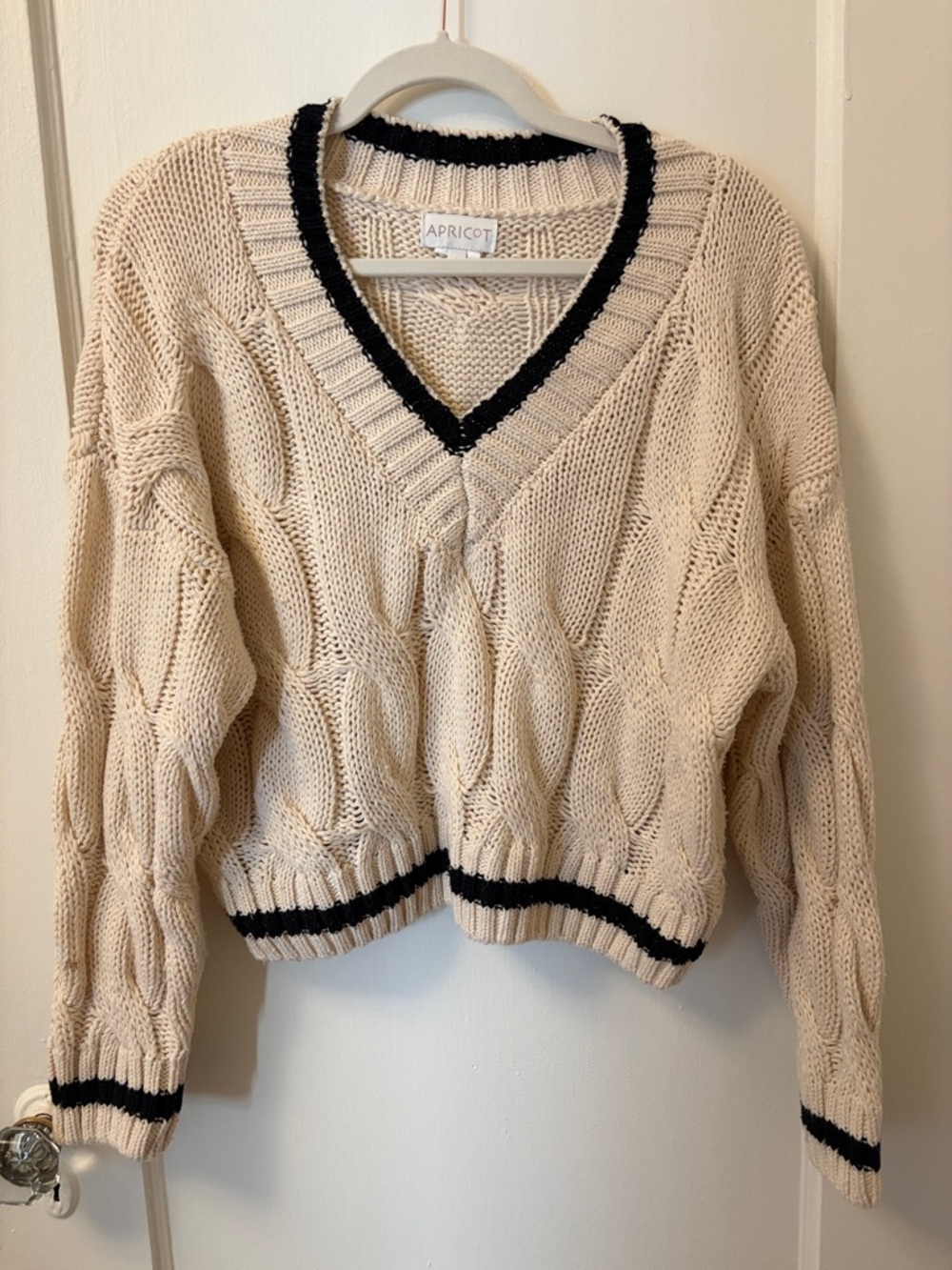 APRICOT Cream Cable-Knit V-Neck Sweater with Black Trim